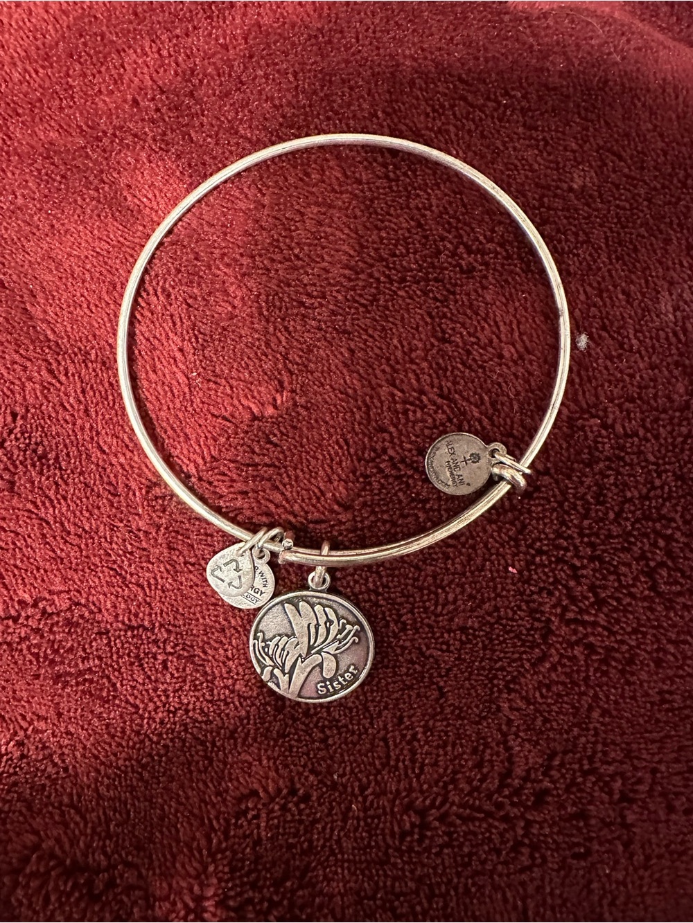 Alex and Ani Silver 'Sister' Charm Bangle with Floral Motif